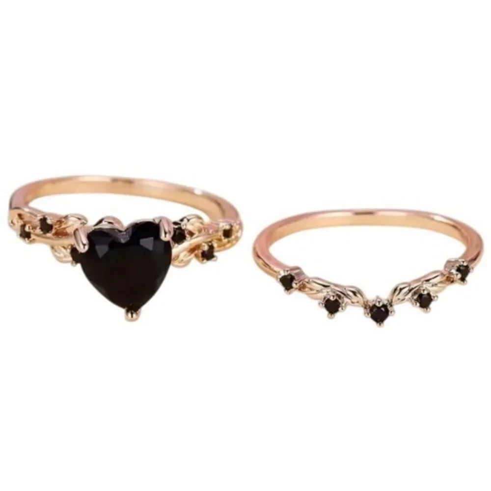 Heart Shaped Natural Onyx 2 piece Timeless rose gold Engagement Bridal Ring Set